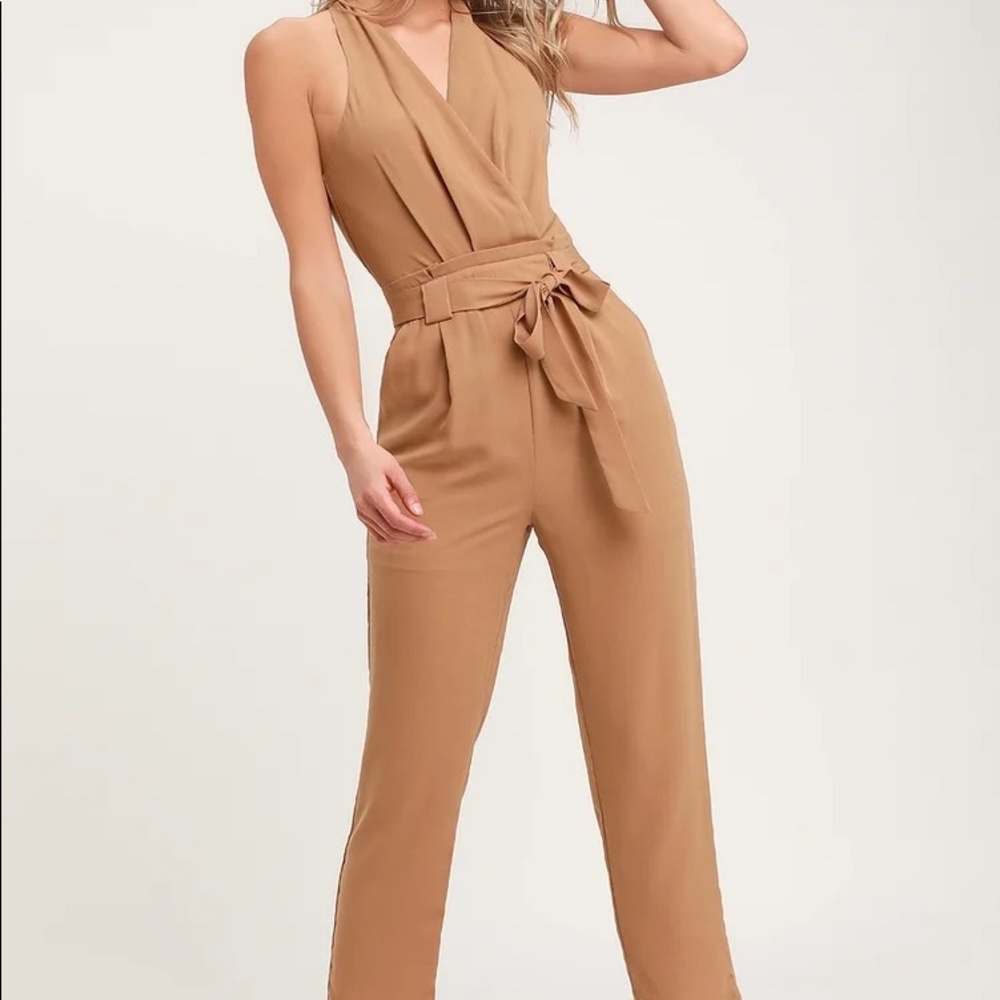 In the City Tan Surplice Sleeveless Jumpsuit